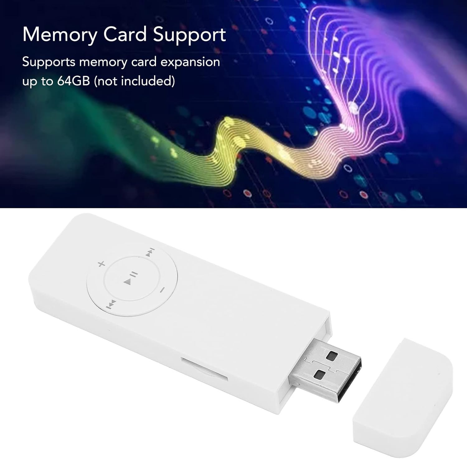Weißer USB-MP3-Player mit Bedienelementen und Speicherkartenunterstützung.