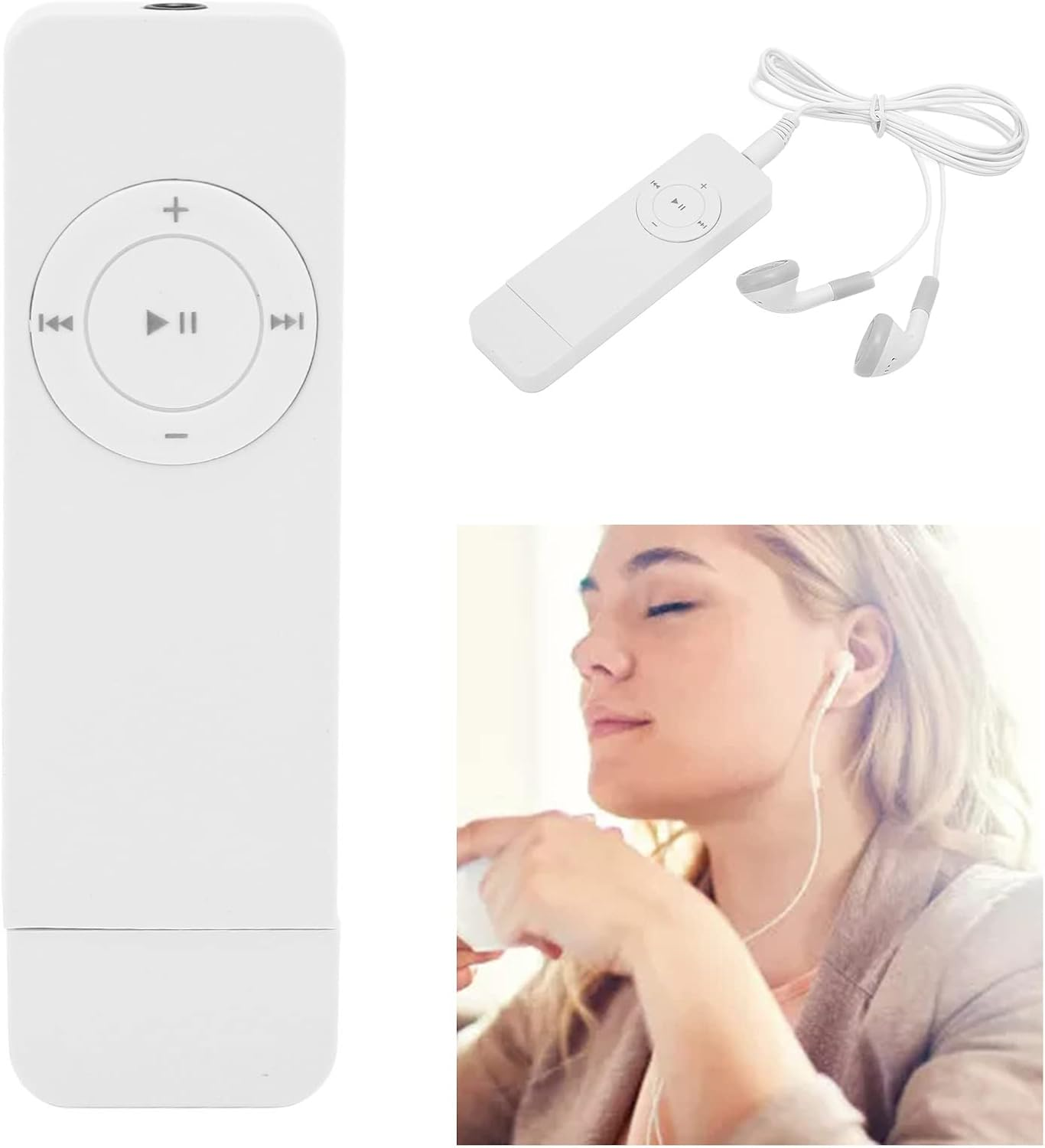 Weißer MP3-Player mit Ohrhörern und einer Frau, die Musik hört.