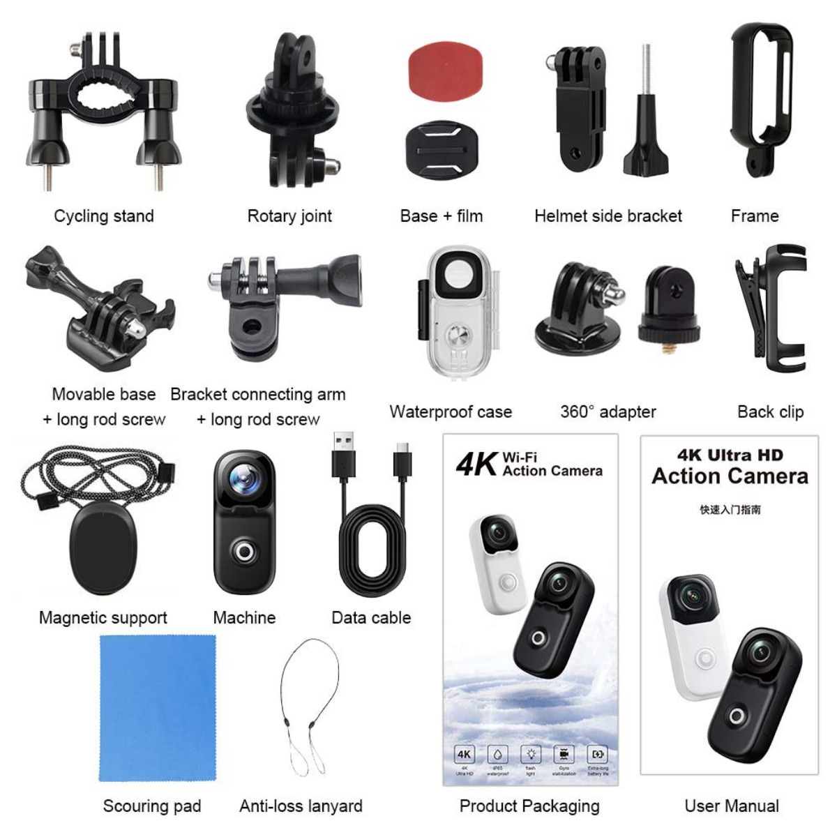 Accessori per action cam: supporti, custodia, cavi, telecamere e manuale.