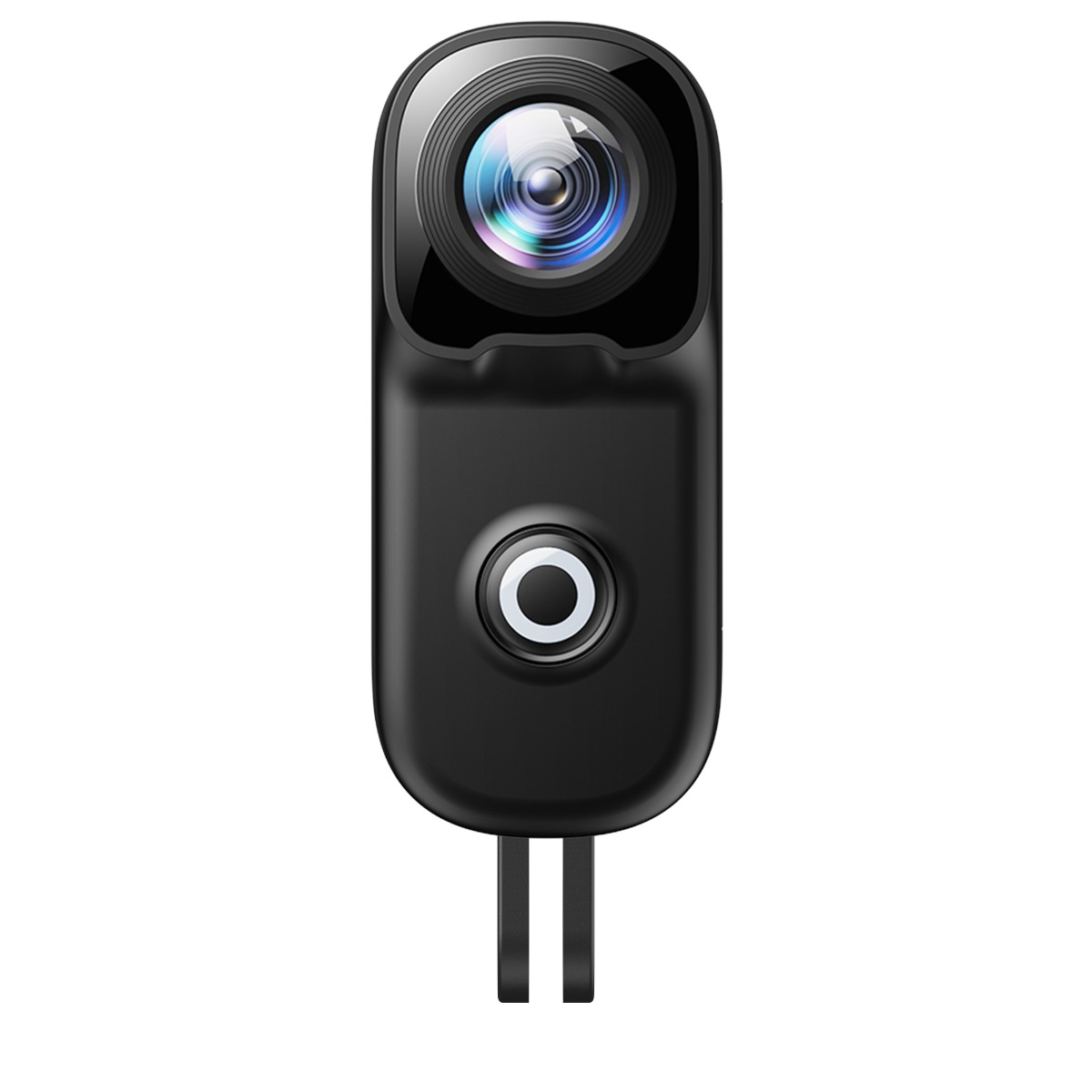 Un dispositivo rettangolare nero con lente della fotocamera in alto e pulsante rotondo.