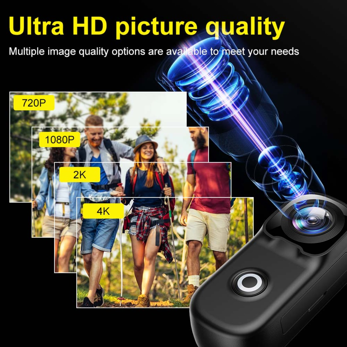 La fotocamera mostra escursionisti in varie risoluzioni: 720P, 1080P, 2K e 4K.