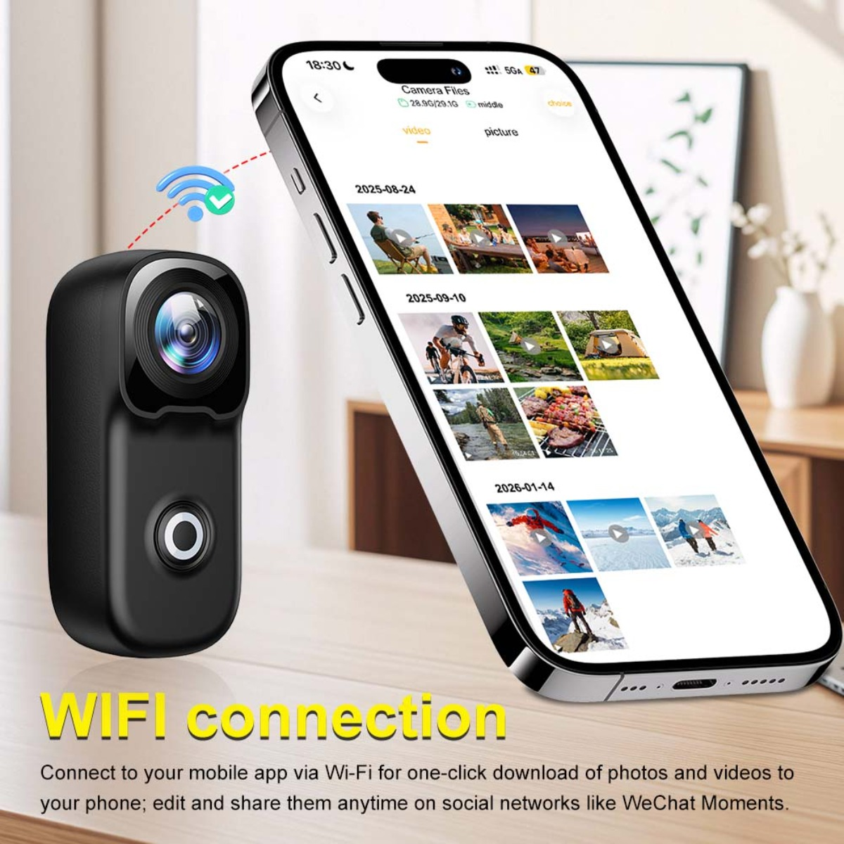 Una fotocamera nera e uno smartphone mostrano la connessione Wi-Fi per il trasferimento di foto/video.