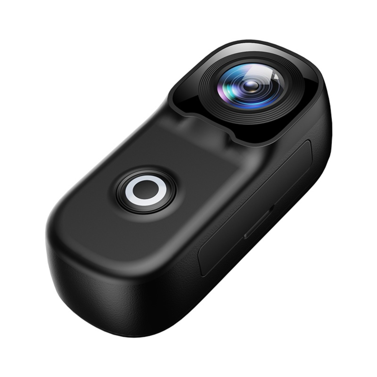Fotocamera nera compatta con obiettivo e pulsante di controllo.