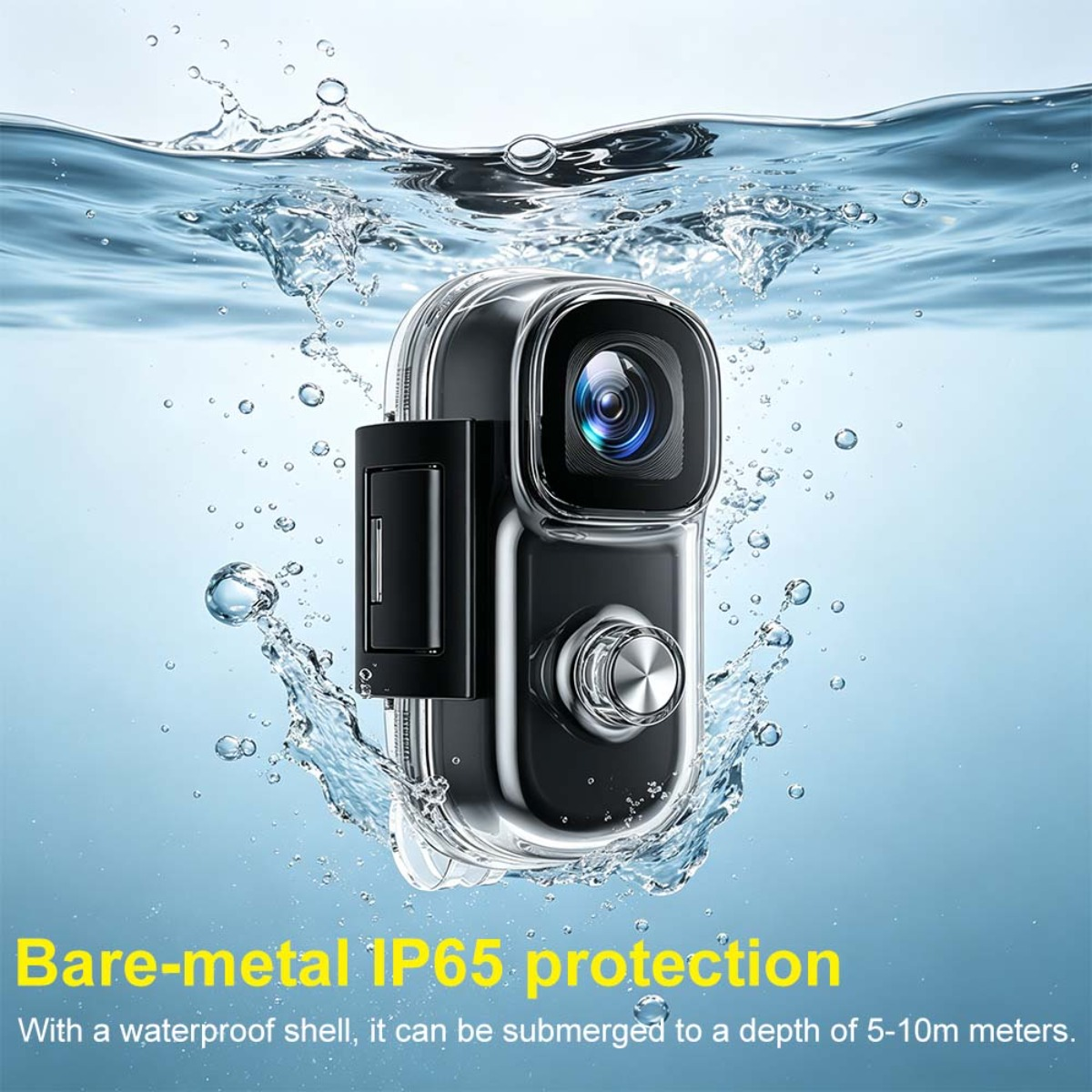 Una fotocamera impermeabile con protezione IP65 è sommersa nell'acqua.
