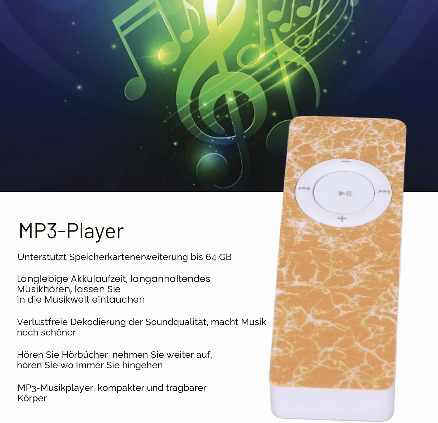 Ein orange gemusterter MP3-Player mit Musiknoten im Hintergrund.