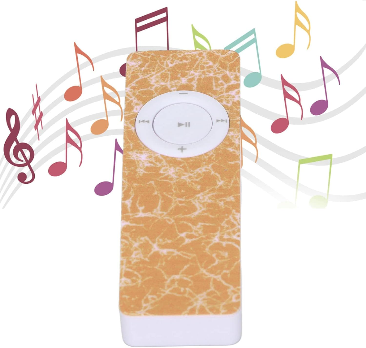 Ein rechteckiger orange-weißer MP3-Player mit einem runden Bedienfeld ist von bunten Musiknoten umgeben.