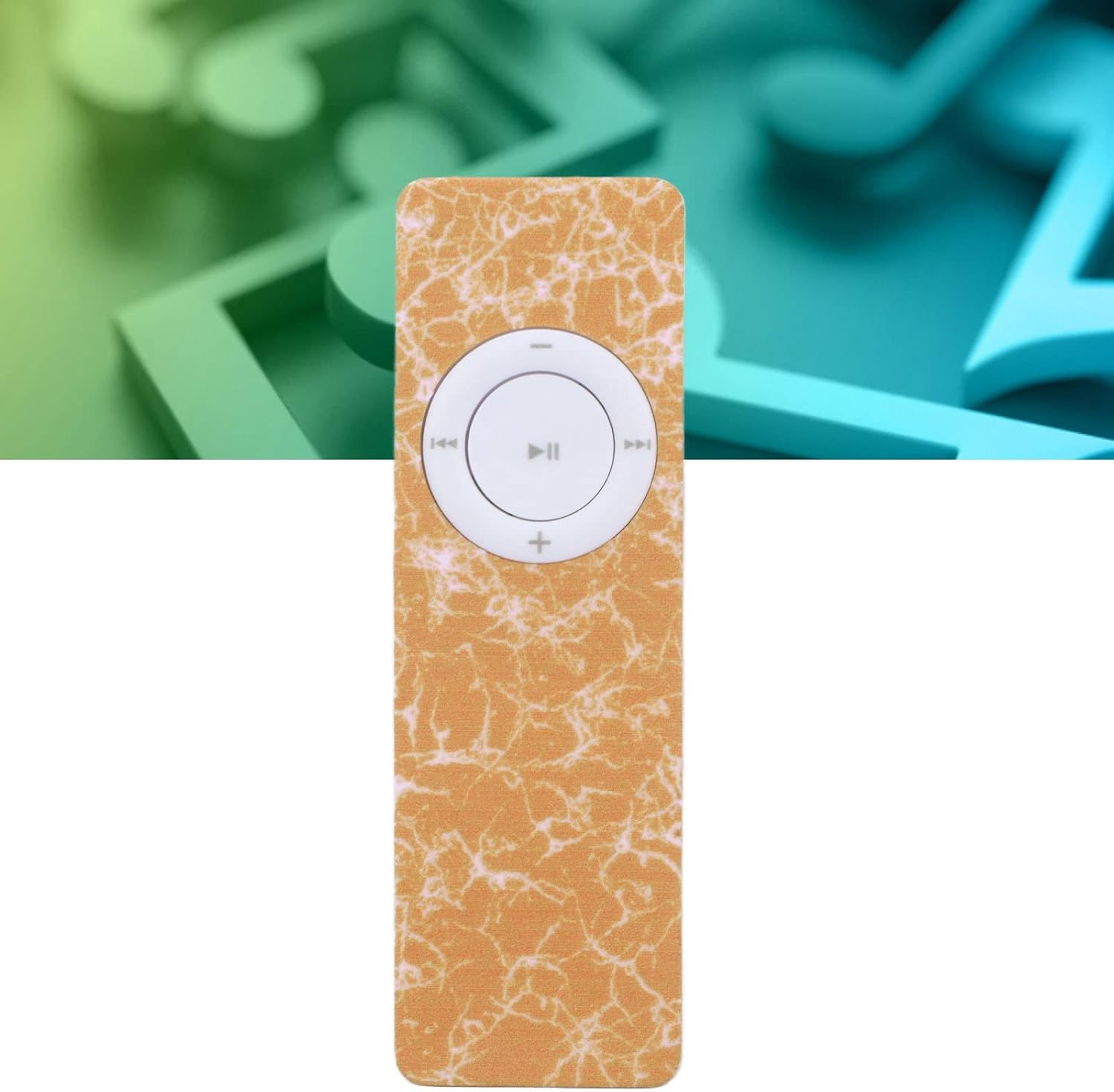 Orangefarbener MP3-Player mit marmoriertem Muster und Steuerungstasten.