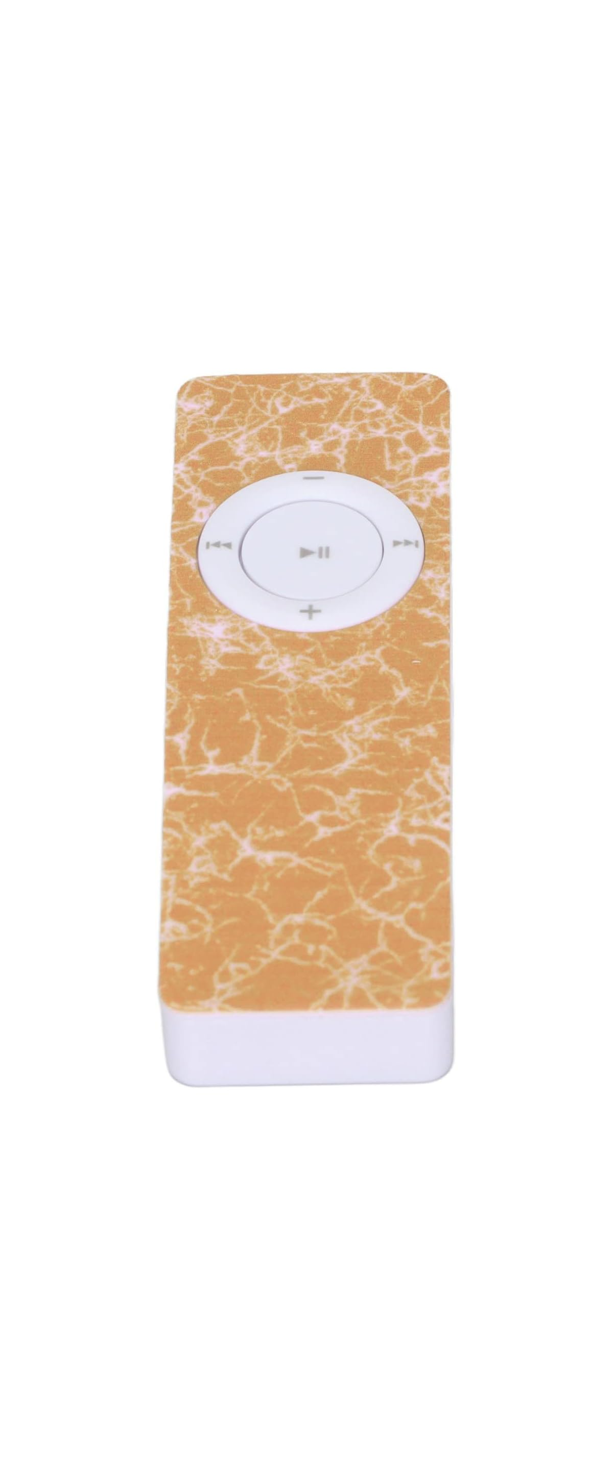 Ein orangefarbener MP3-Player mit weißem Steuerkreuz auf weißem Hintergrund.