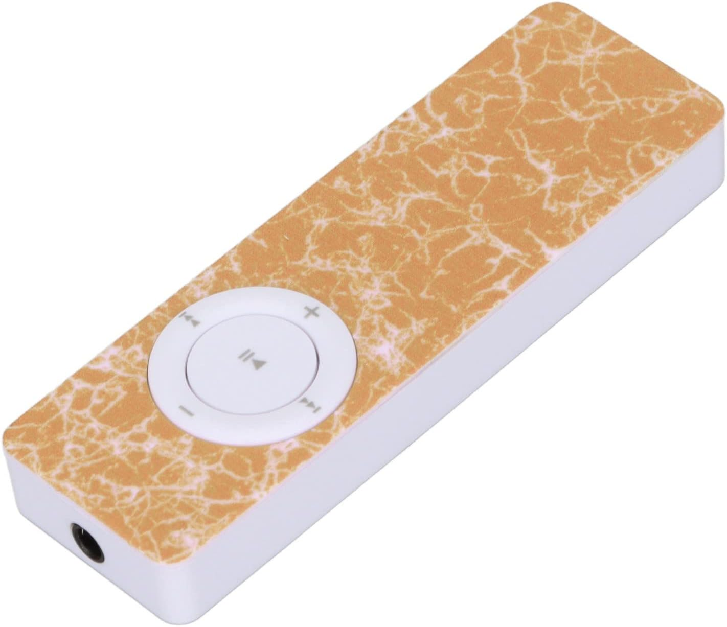 Ein kleiner, rechteckiger, weißer MP3-Player mit orangefarbenem Marmormuster und Steuerungstasten.