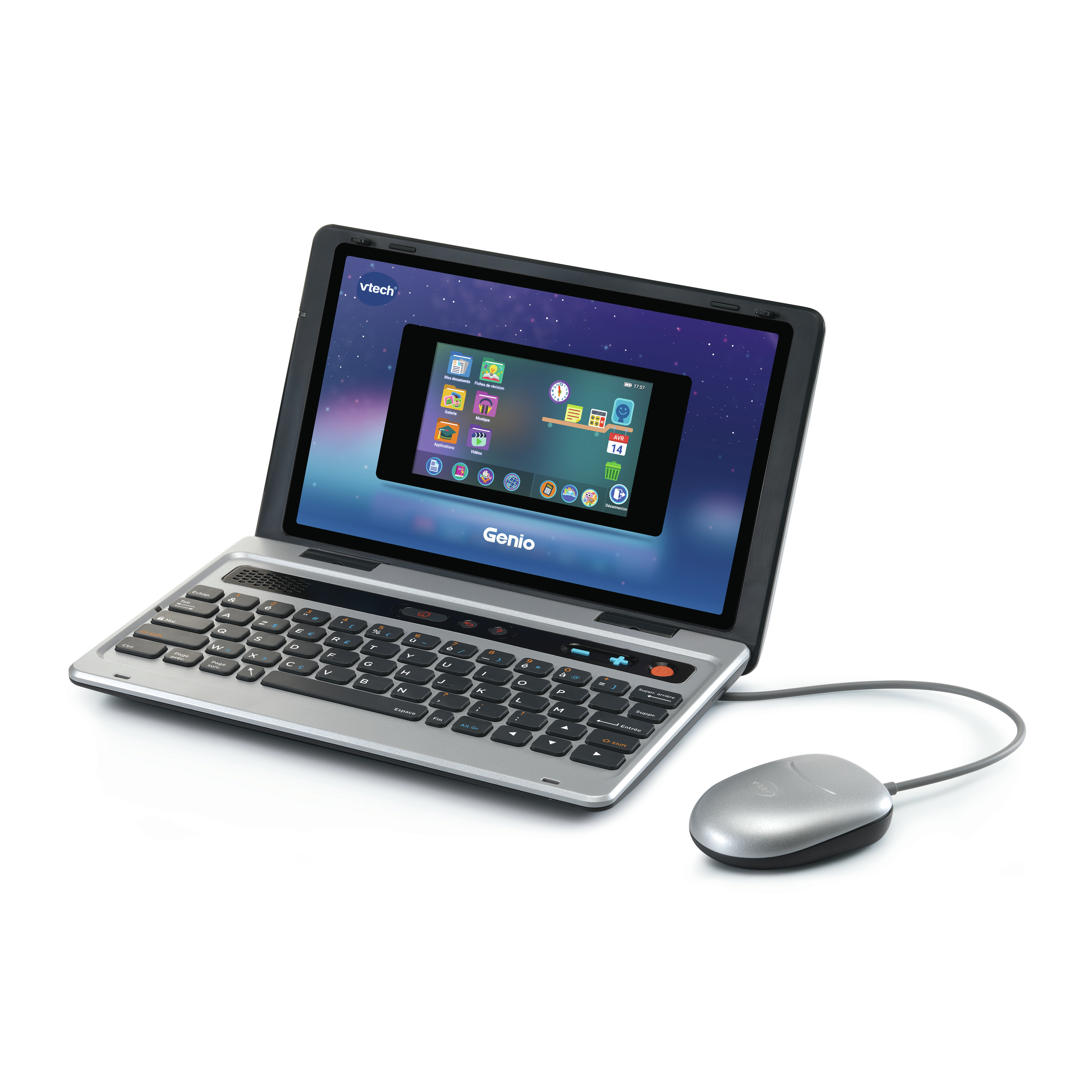 Ein silberner Laptop mit Maus auf weißem Hintergrund. Auf dem Bildschirm sind App-Symbole zu sehen.