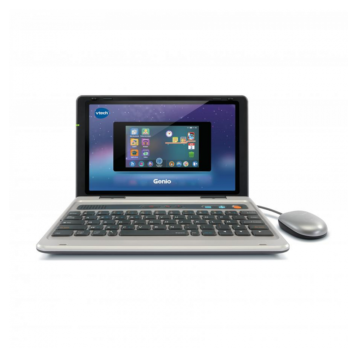 Ein VTech Genio Laptop mit Maus auf weißem Hintergrund.