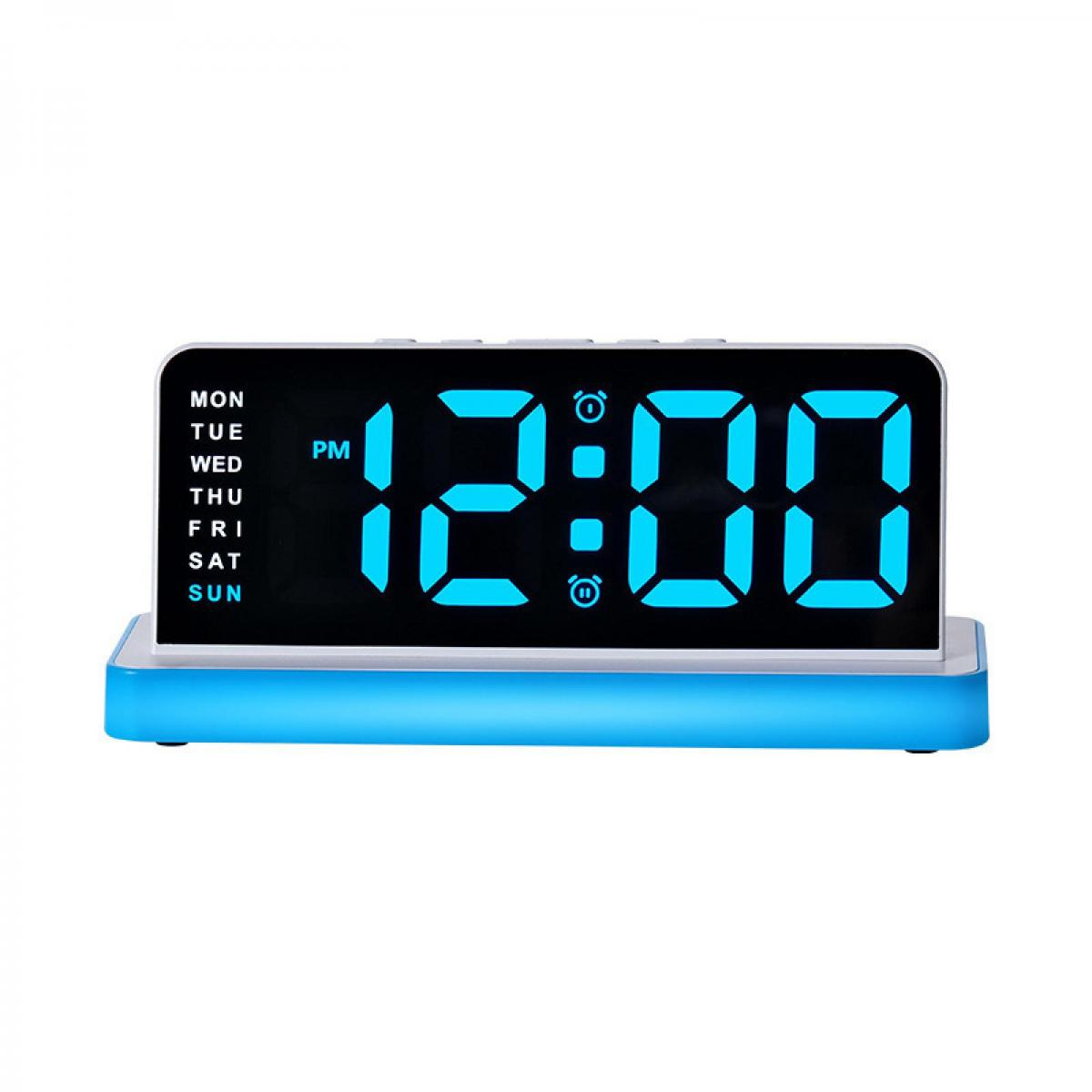 Ein blauer Digitalwecker zeigt 12:00 PM an. Links sind die Tage der Woche aufgelistet.