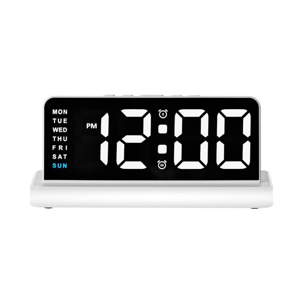 Eine weiße Digitaluhr zeigt 12:00 Uhr mittags mit Wochentagen links an.