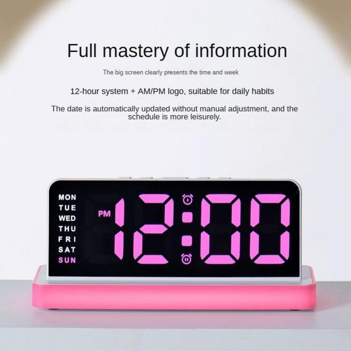 Ein rosa digitaler Wecker zeigt 12:00 Uhr und die Wochentage an.