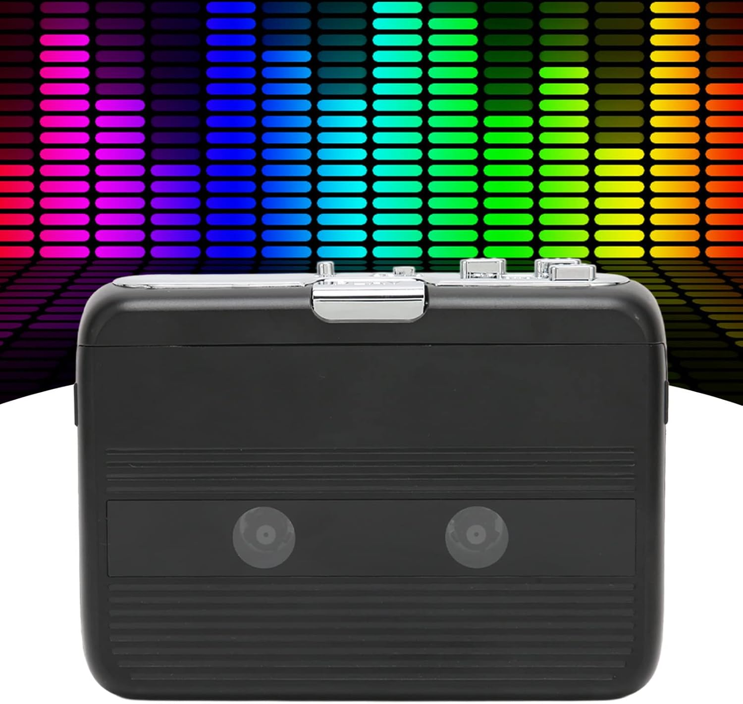 Schwarzer Kassettenrekorder mit Equalizer-Hintergrund in bunten Lichtern.