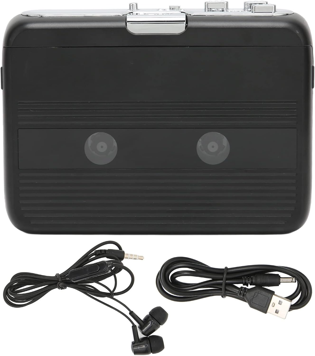 Schwarzer Kassettenrekorder mit Kopfhörern und USB-Kabel.