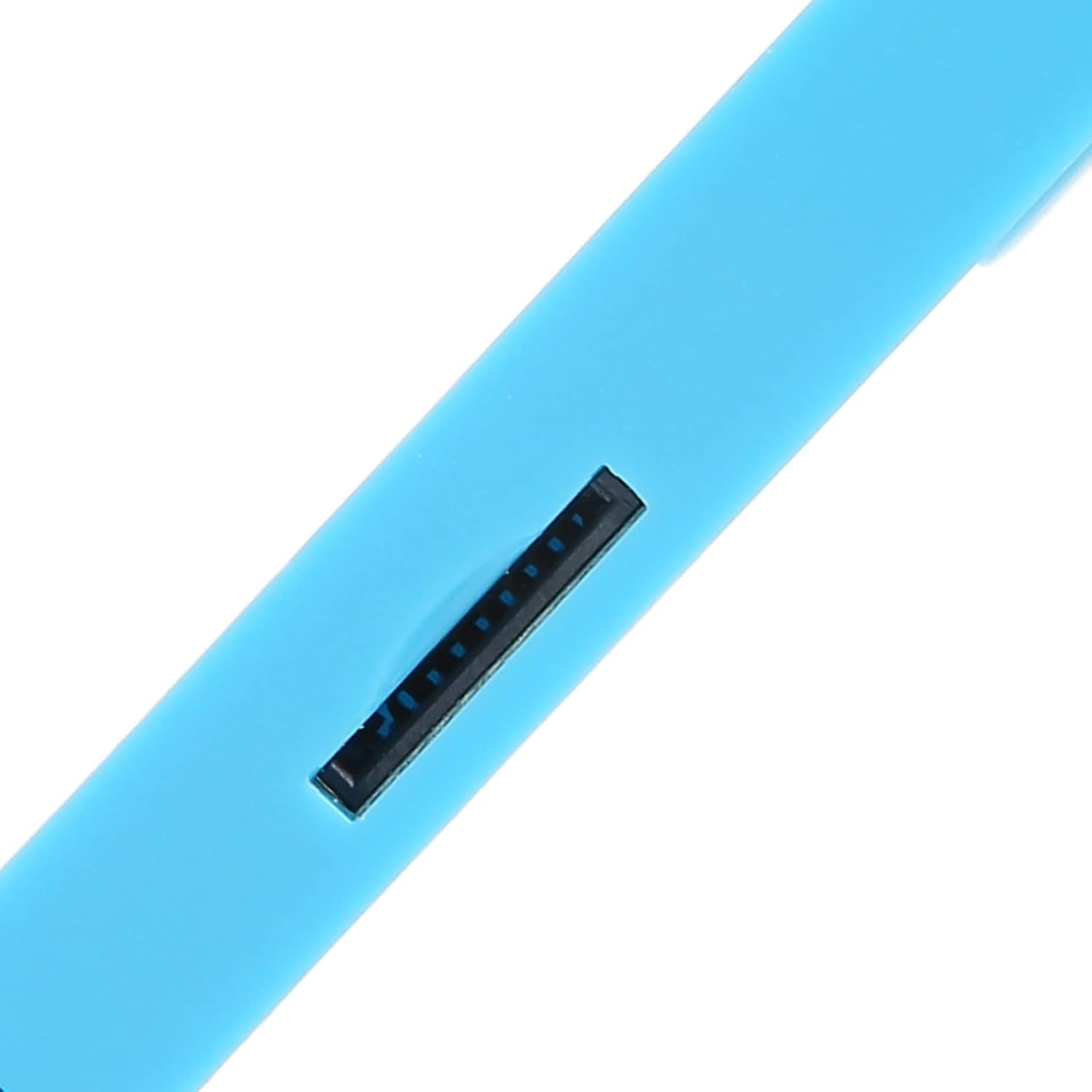 Ein türkisfarbener Gegenstand mit einem schwarzen Streifen und kleinen blauen Lichtern.
