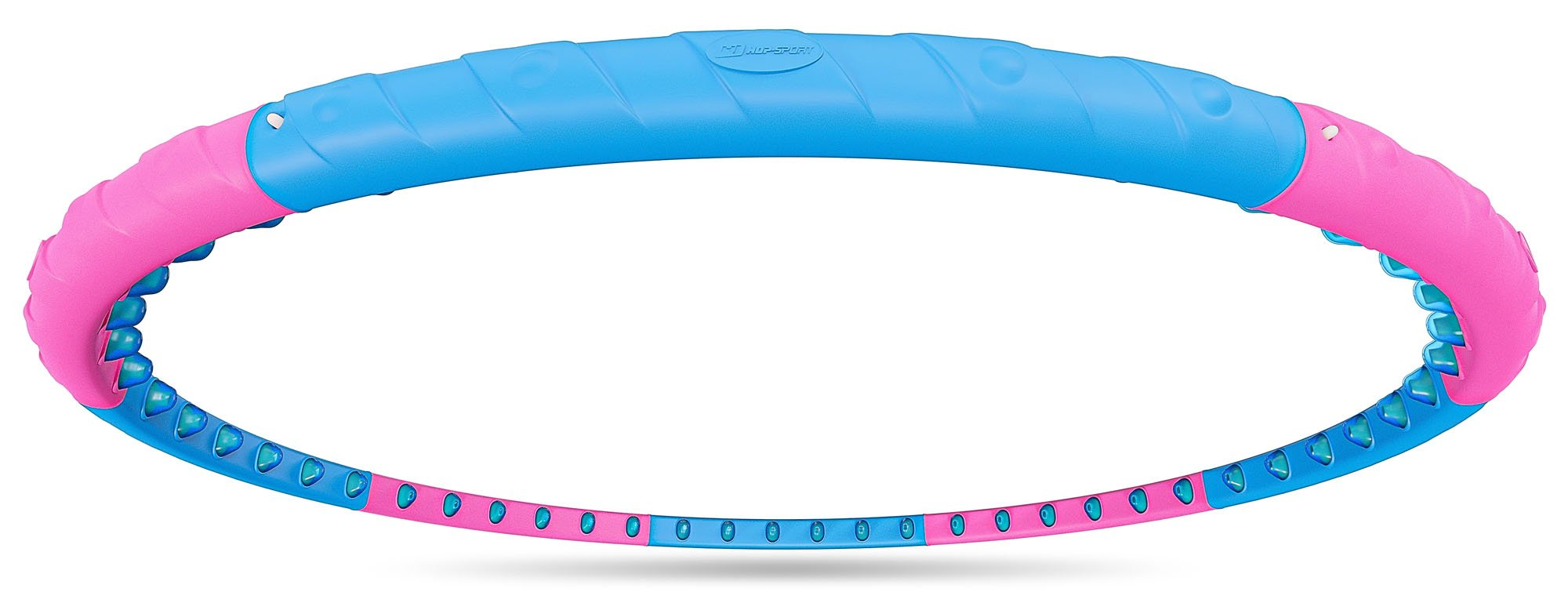Ein blauer und pinker Hula-Hoop-Reifen mit strukturierten Griffen und blauen Einsätzen.