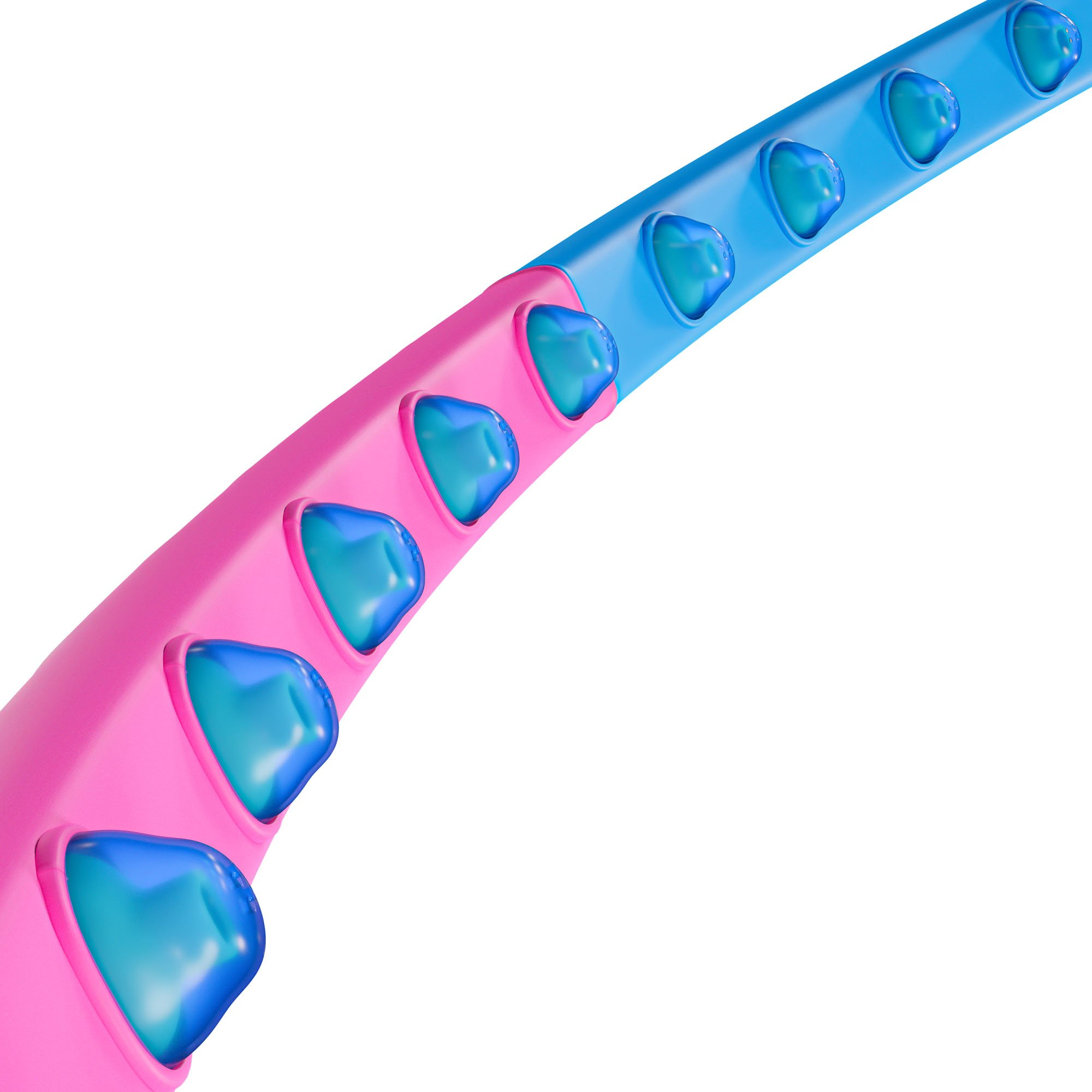 Eine pinke und blaue Form mit blauen Tropfen im Inneren auf weißem Hintergrund.
