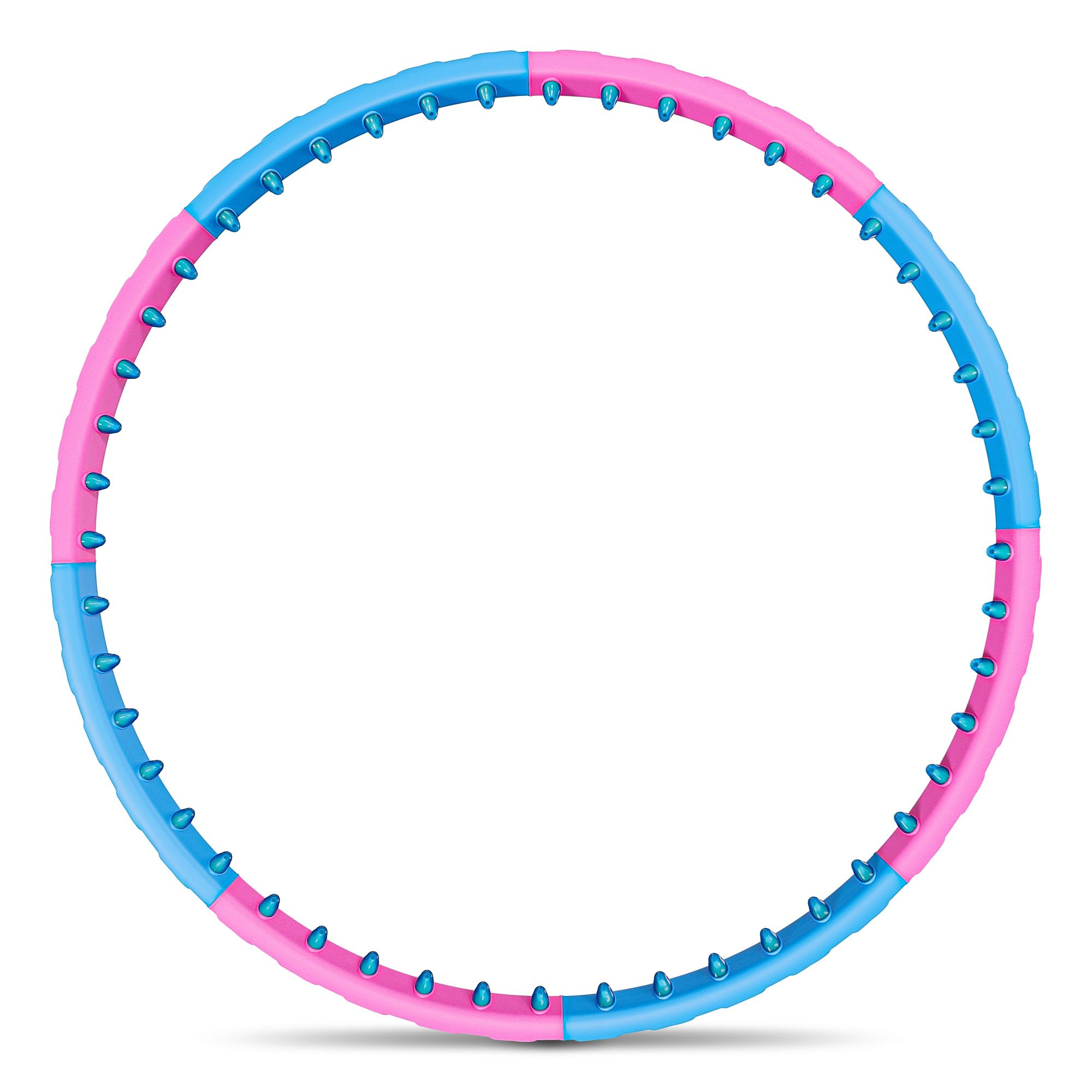 Ein pink-blauer Hula-Hoop-Reifen mit blauen Noppen auf weißem Hintergrund.