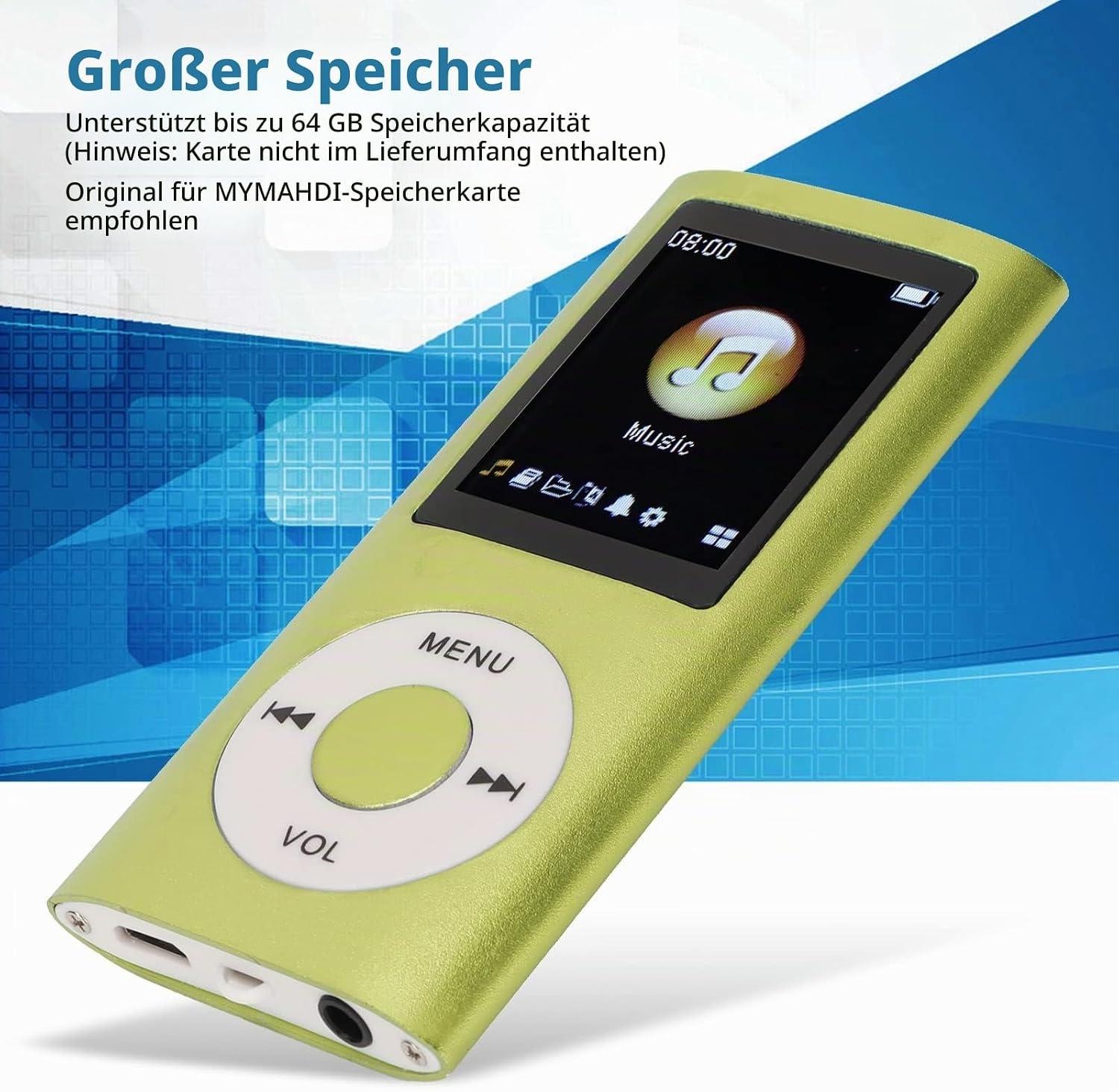Ein hellgrüner MP3-Player mit Musik-Symbol und Bedienelementen.