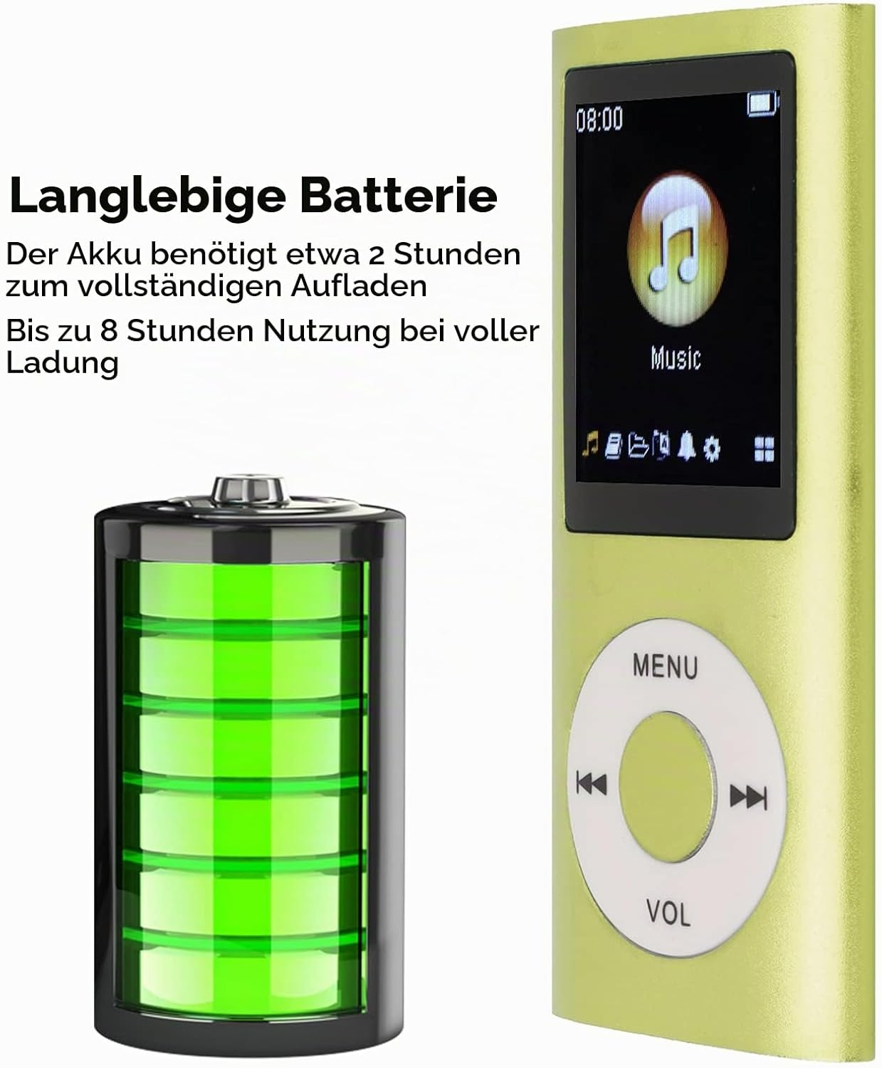 Ein grüner MP3-Player neben einer vollen Batterieanzeige.