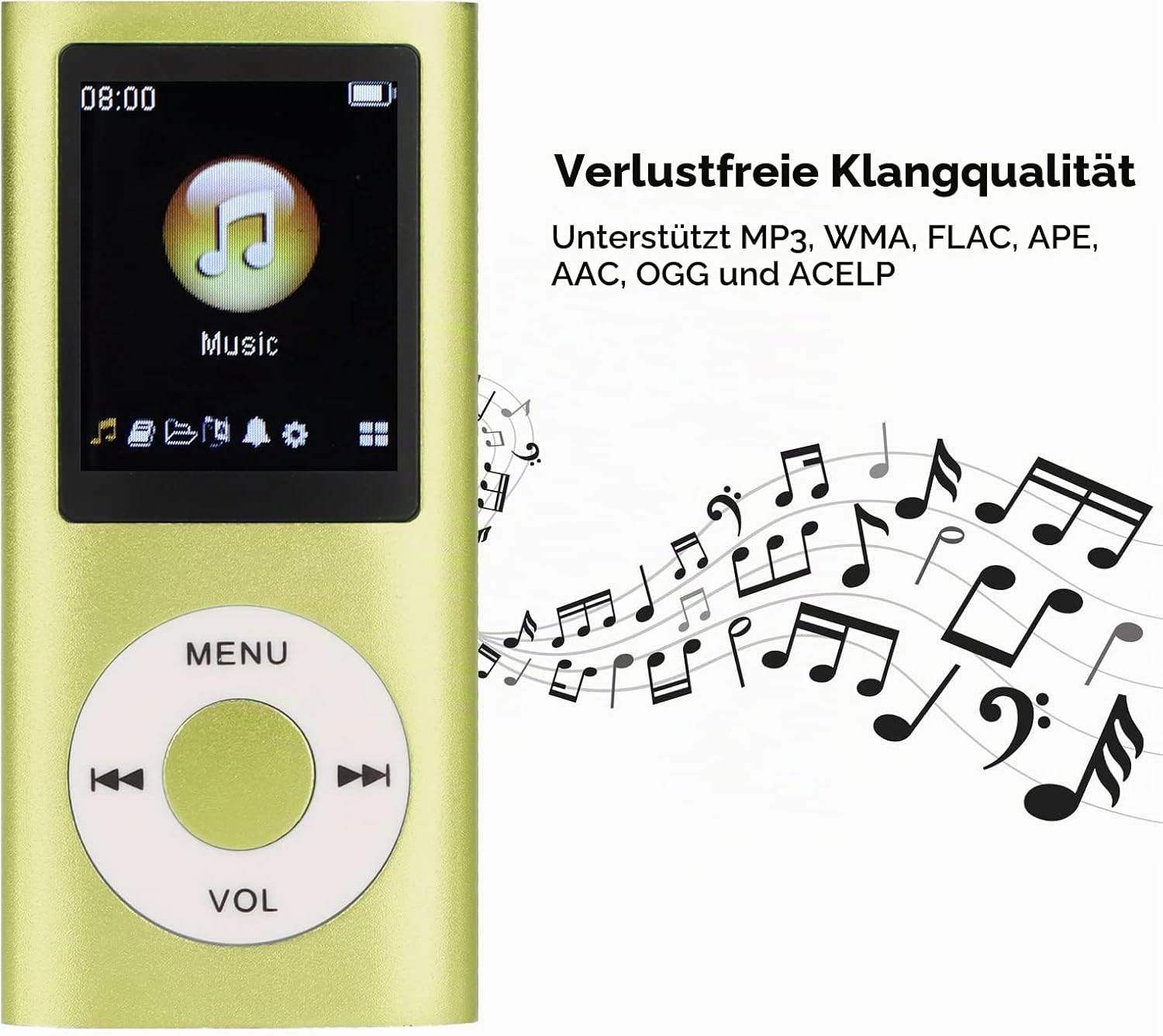 Ein grüner MP3-Player mit Musiknoten und Texten über Klangqualität.
