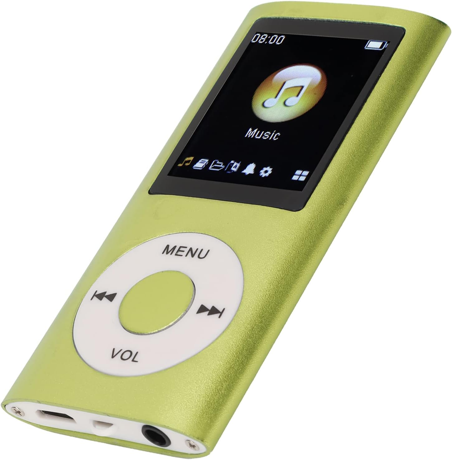 Ein grüner MP3-Player mit schwarzem Bildschirm, der ein Musiknotensymbol anzeigt.