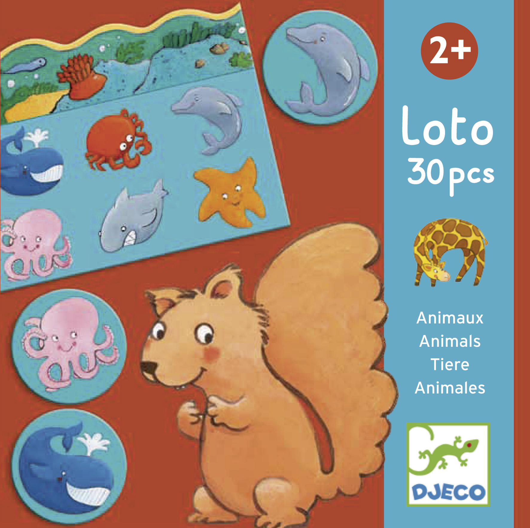 Jeu avec un écureuil, une baleine, un dauphin, une pieuvre et une girafe.