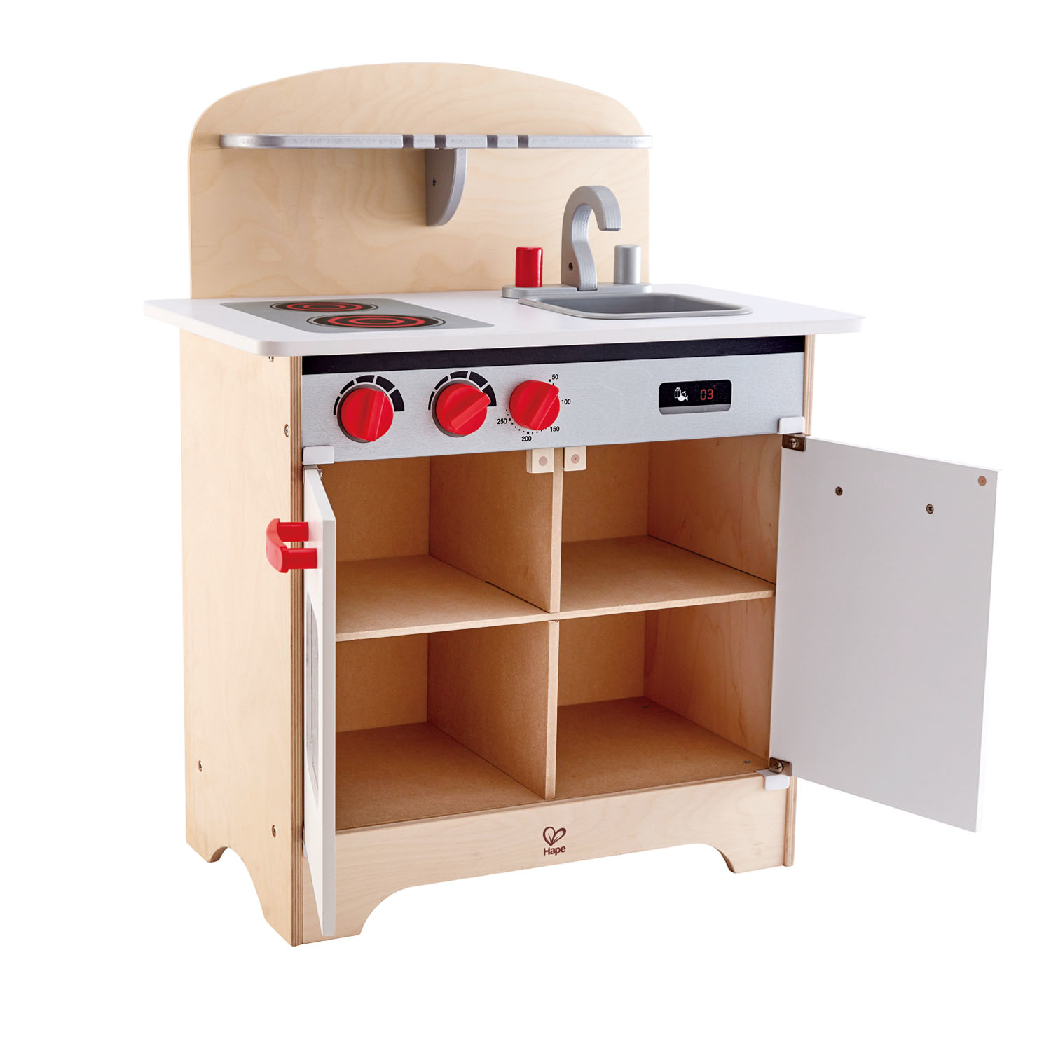 Cocina de juguete de madera con estufa, fregadero y estantes.
