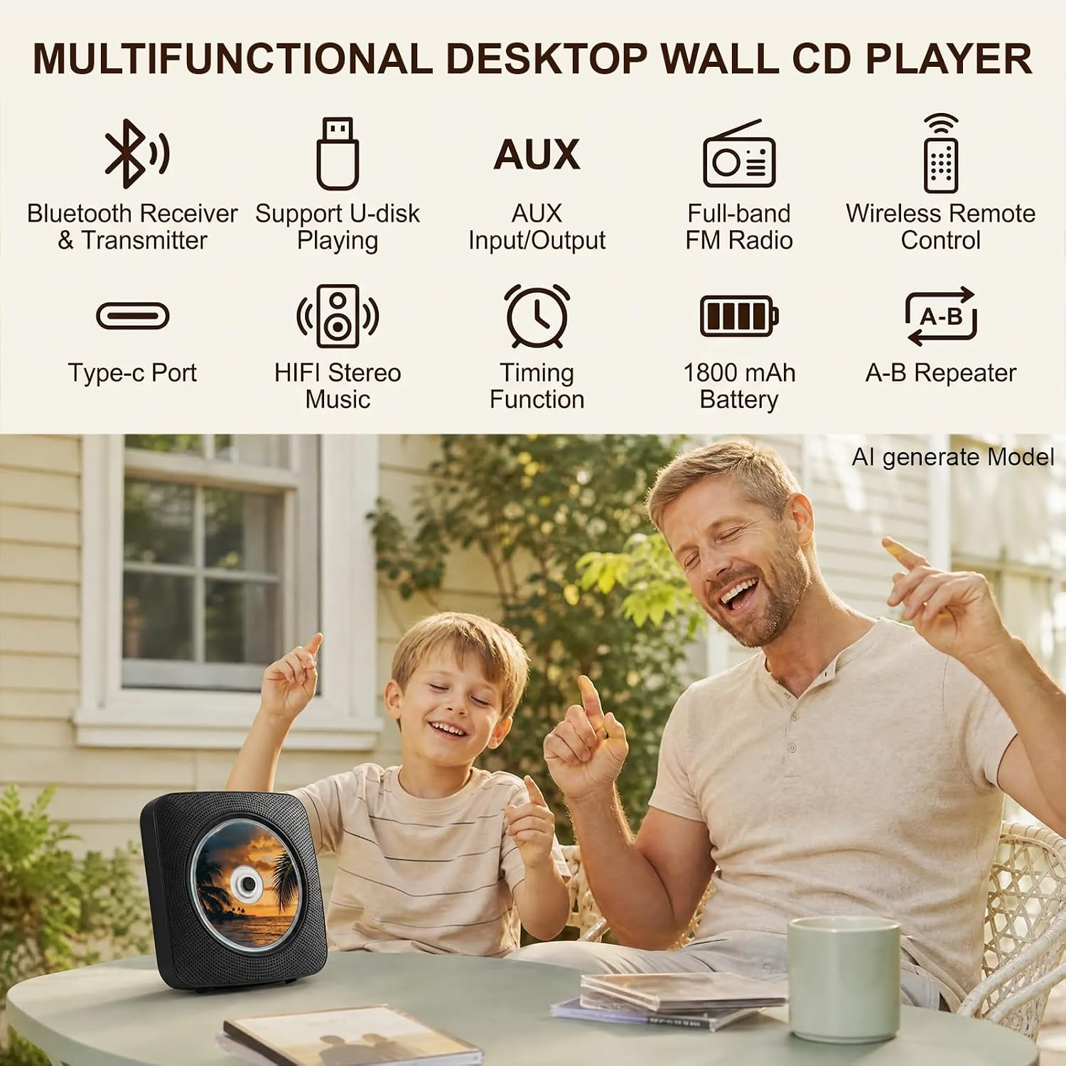 Mann und Junge genießen Musik im Freien mit einem CD-Player. Merkmale: Bluetooth, USB, AUX, UKW-Radio, Fernbedienung.