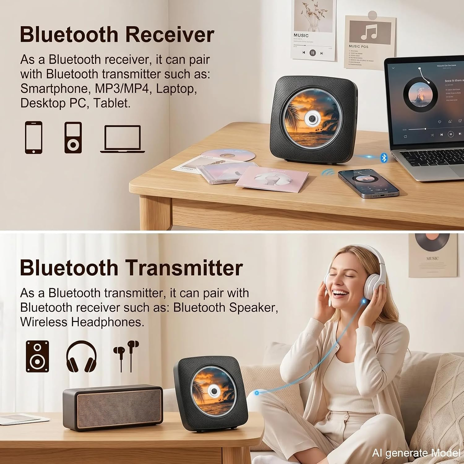 Bluetooth-Empfänger und -Sender mit Geräten wie Laptops, Telefonen, Lautsprechern und Kopfhörern.