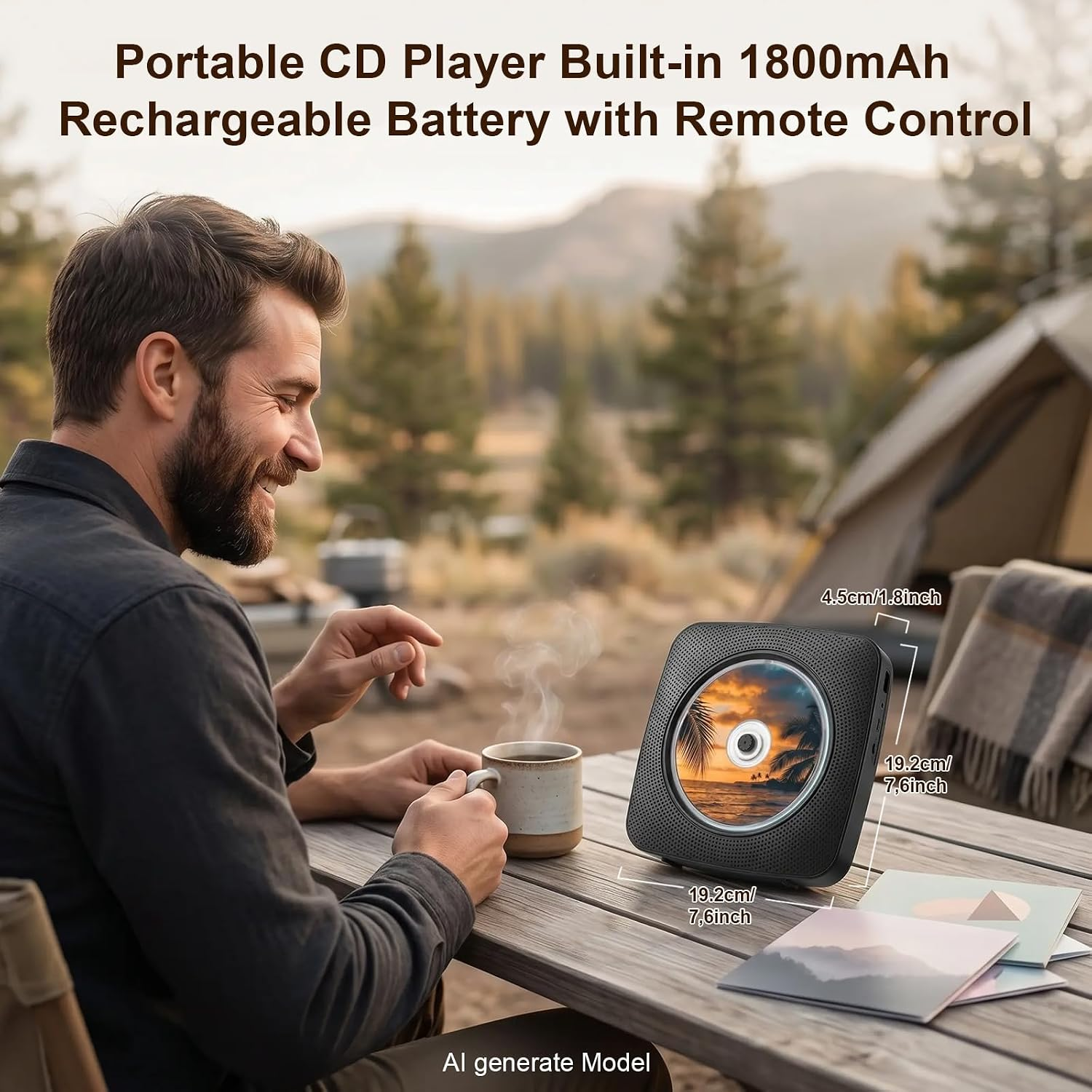 Ein Mann sitzt im Freien an einem Holztisch mit einer tragbaren CD mit Fernbedienung.