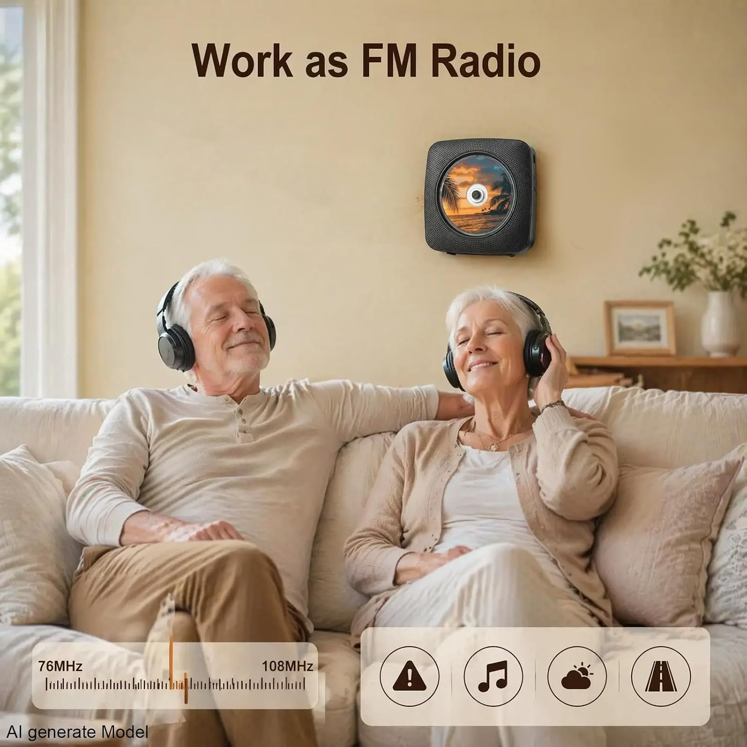 Älteres Paar hört Musik über Kopfhörer, CD-Player an der Wand.