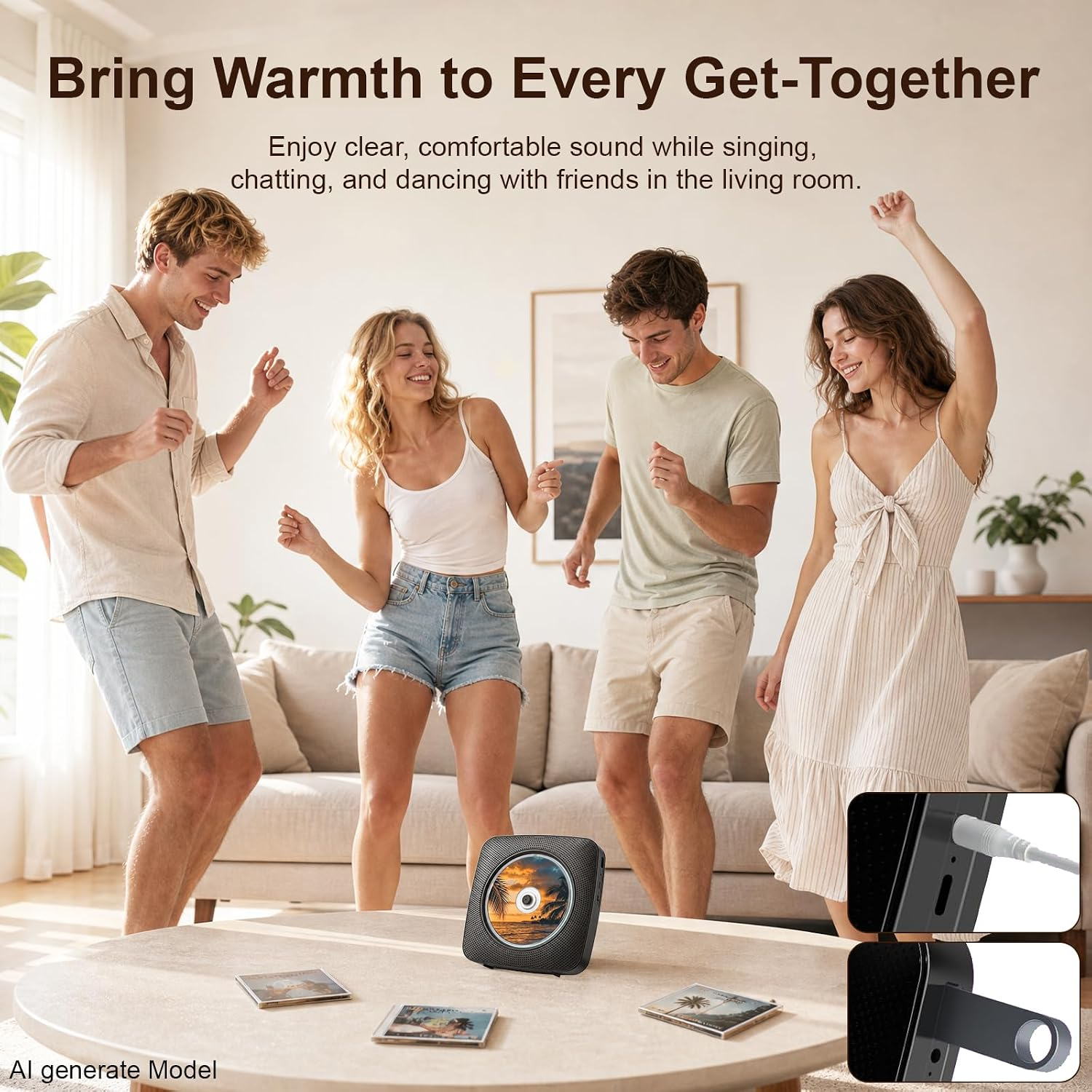 Vier Freunde tanzen im Wohnzimmer zu Musik von einem CD-Player.