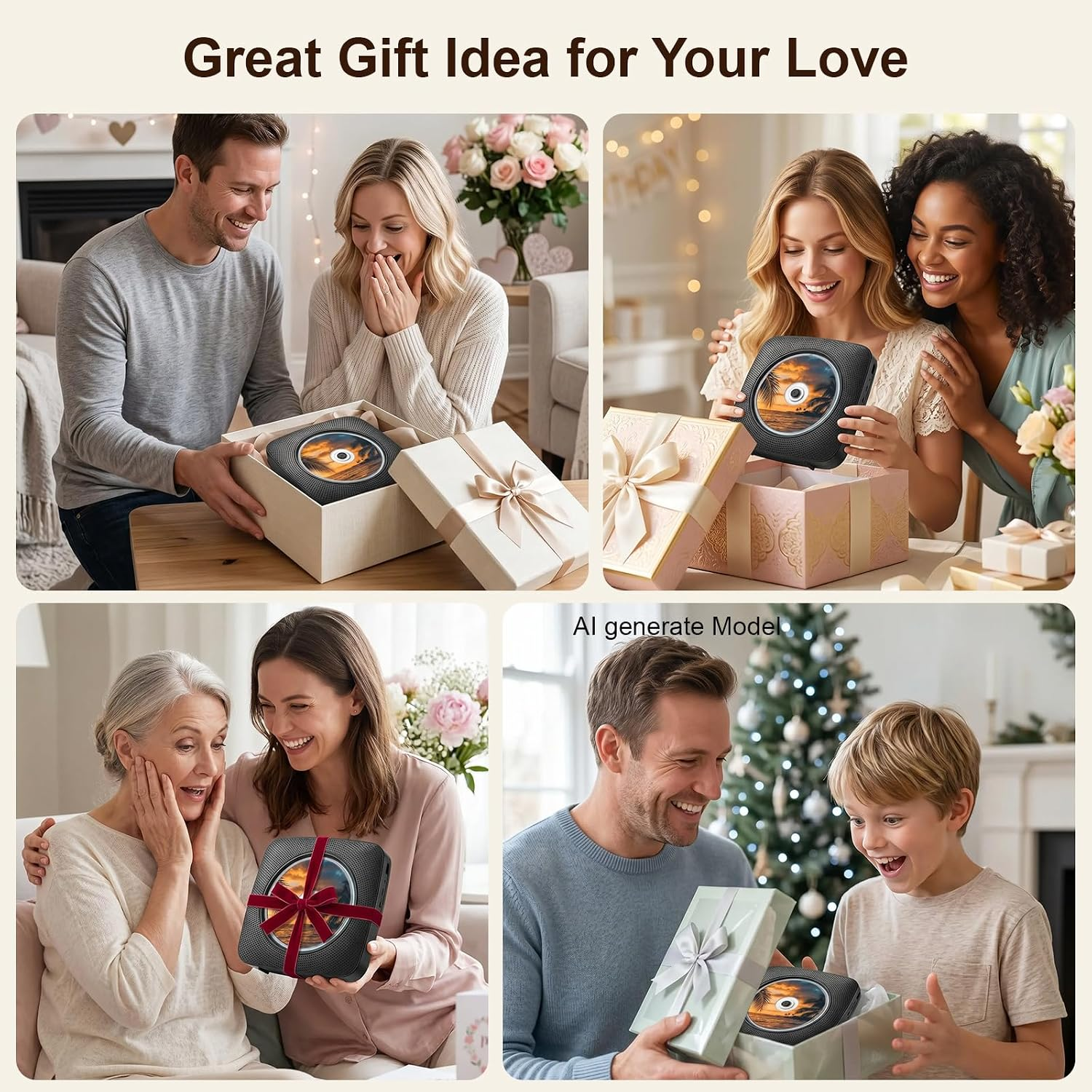 Vier Szenen zeigen Menschen, die Geschenke mit CD-Playern erhalten. Sie sehen glücklich aus.