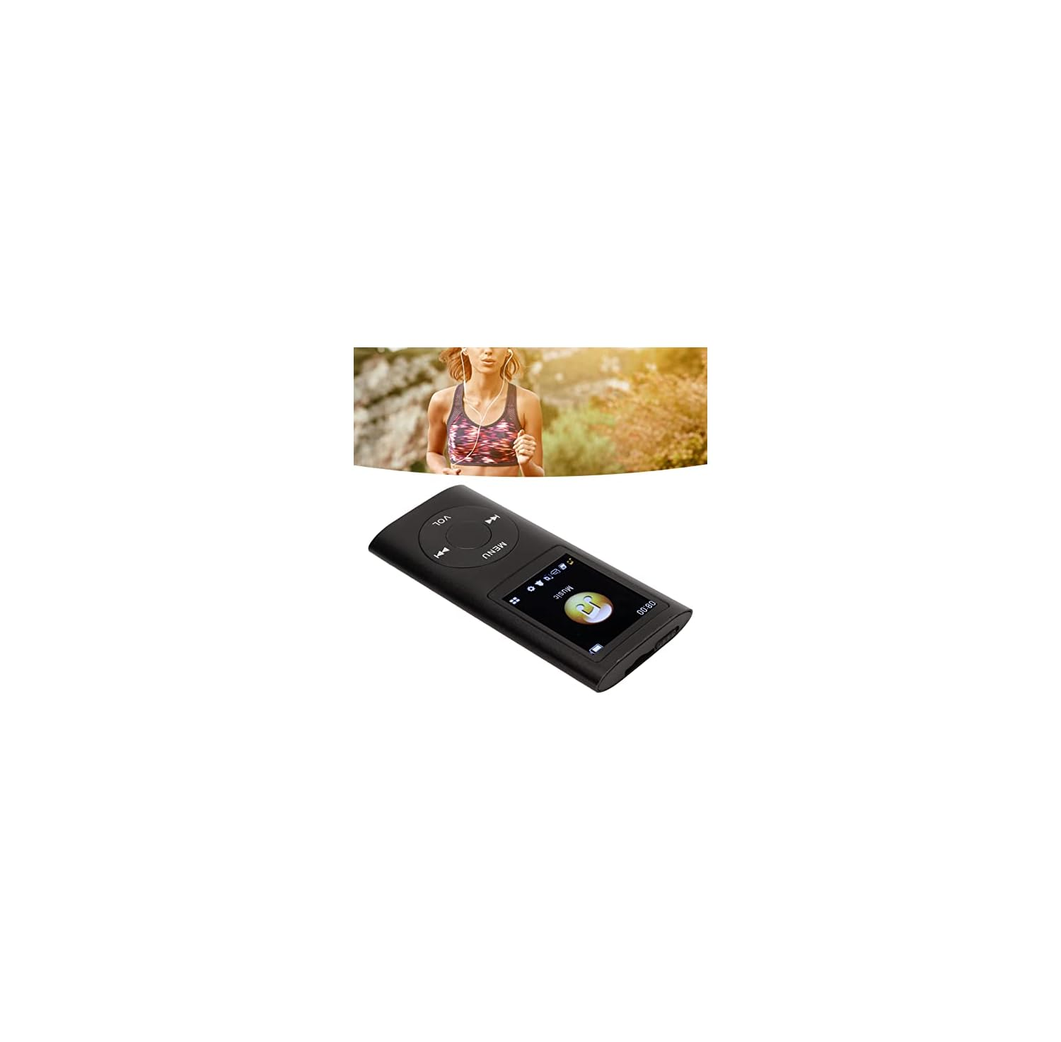 Ein schwarzer MP3-Player liegt neben einem Bild einer Läuferin im Freien.