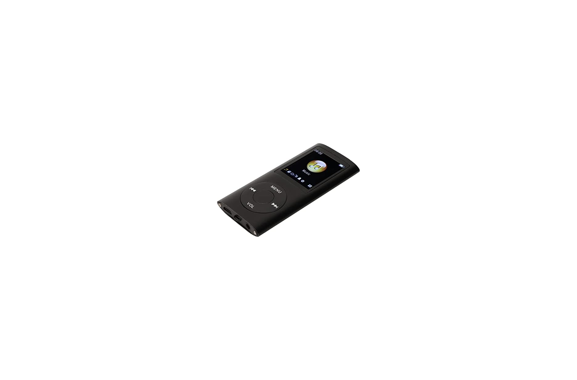 Ein schwarzer MP3-Player mit Bildschirm und Bedienelementen auf weißem Hintergrund.