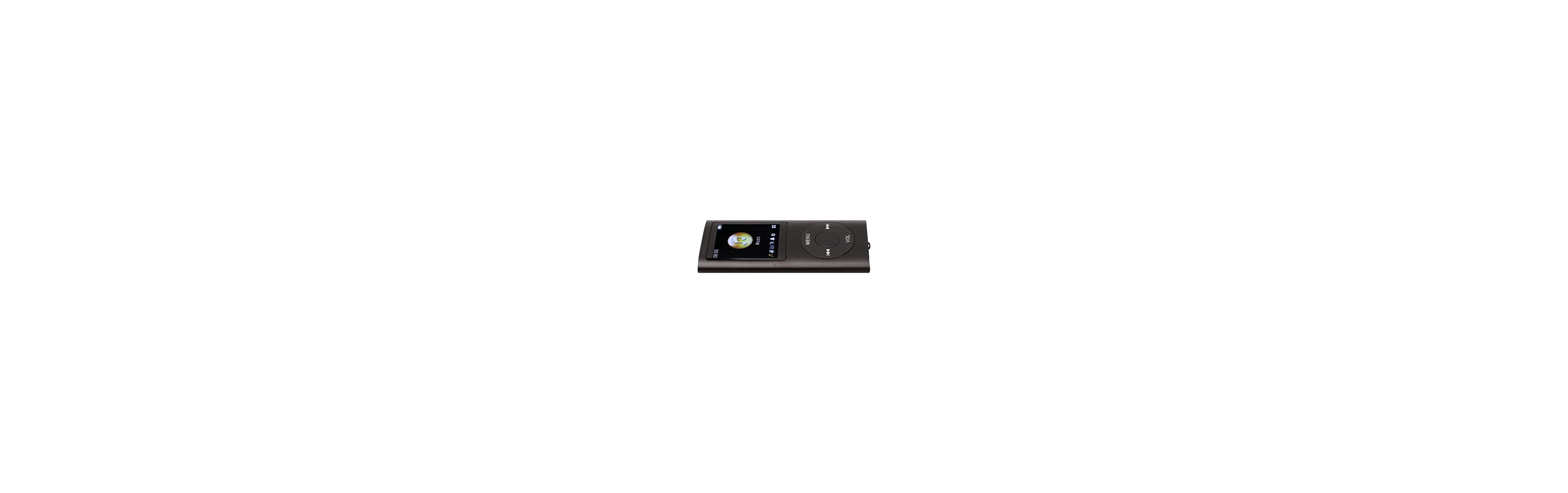 Ein dunkler MP3-Player mit kleinem Bildschirm und Bedienelementen.