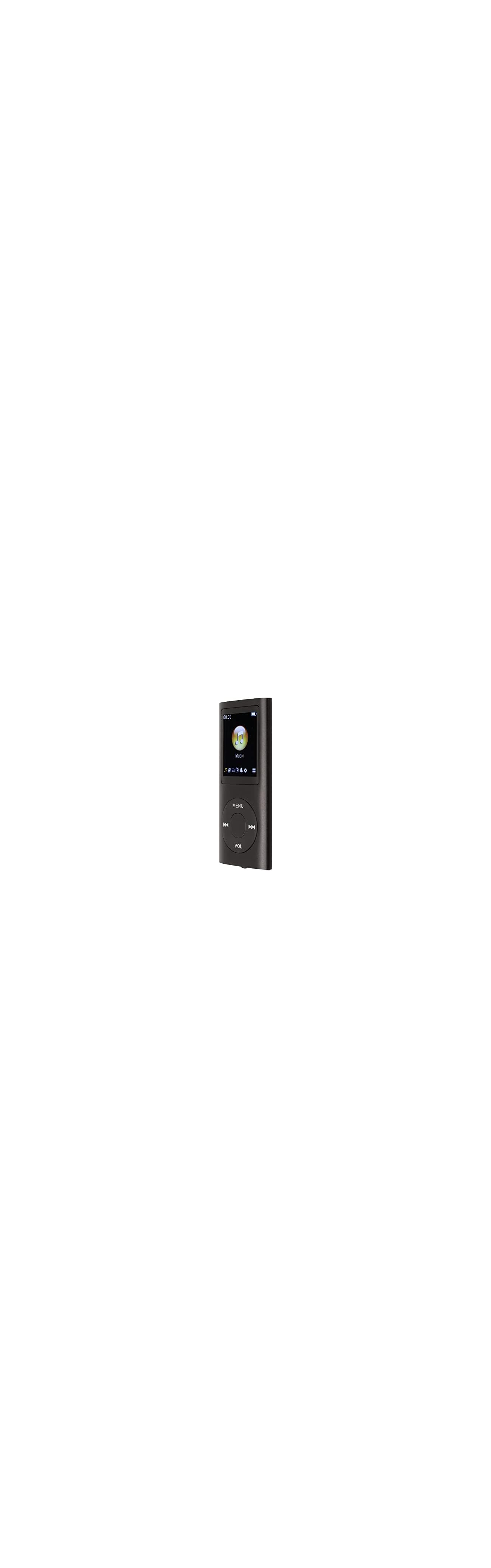 Ein schwarzer MP3-Player mit einem Bildschirm, der ein Musiksymbol anzeigt.
