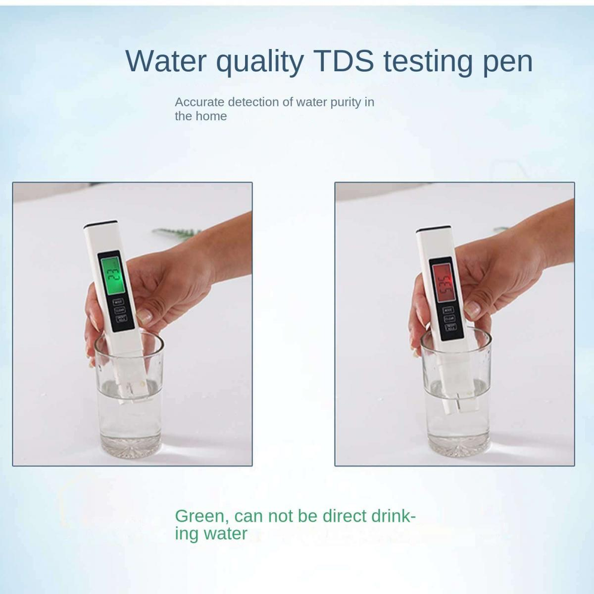 Wasserqualitäts-TDS-Tester in Glaswasser (grün 23, rot 535).
