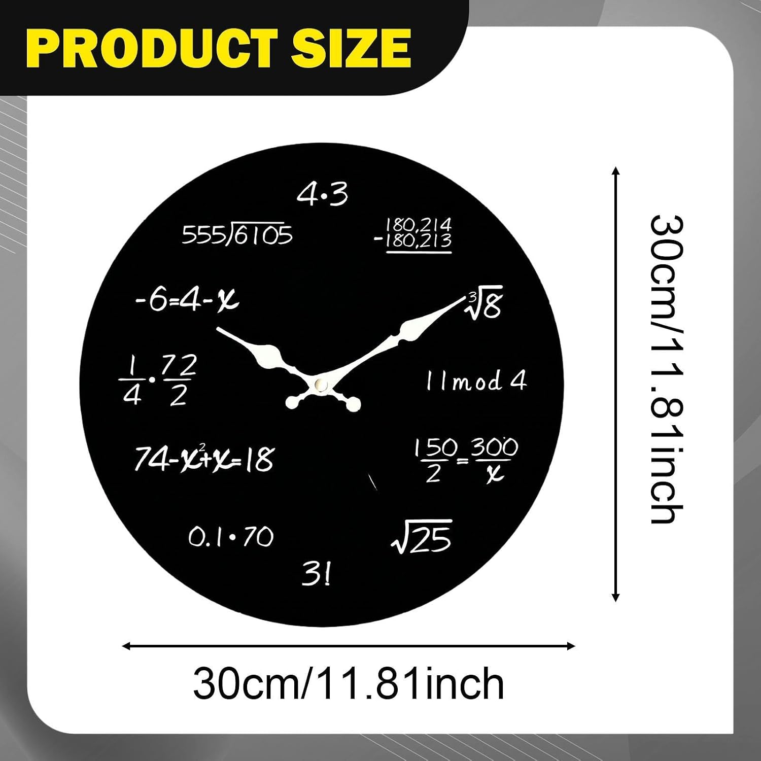 Schwarze Uhr mit mathematischen Gleichungen statt Zahlen. Größe 30cm/11,81 Zoll.