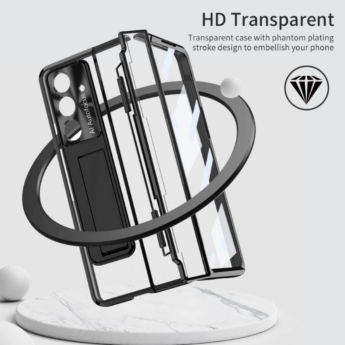 Transparente Handyhülle mit integriertem Ständer und Fokus-Markierung.