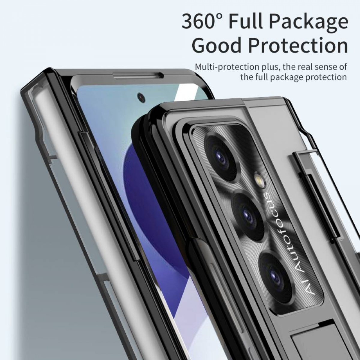 Ein schwarzes Handy-Case mit drei Kameras und dem Text "AI Autofocus".