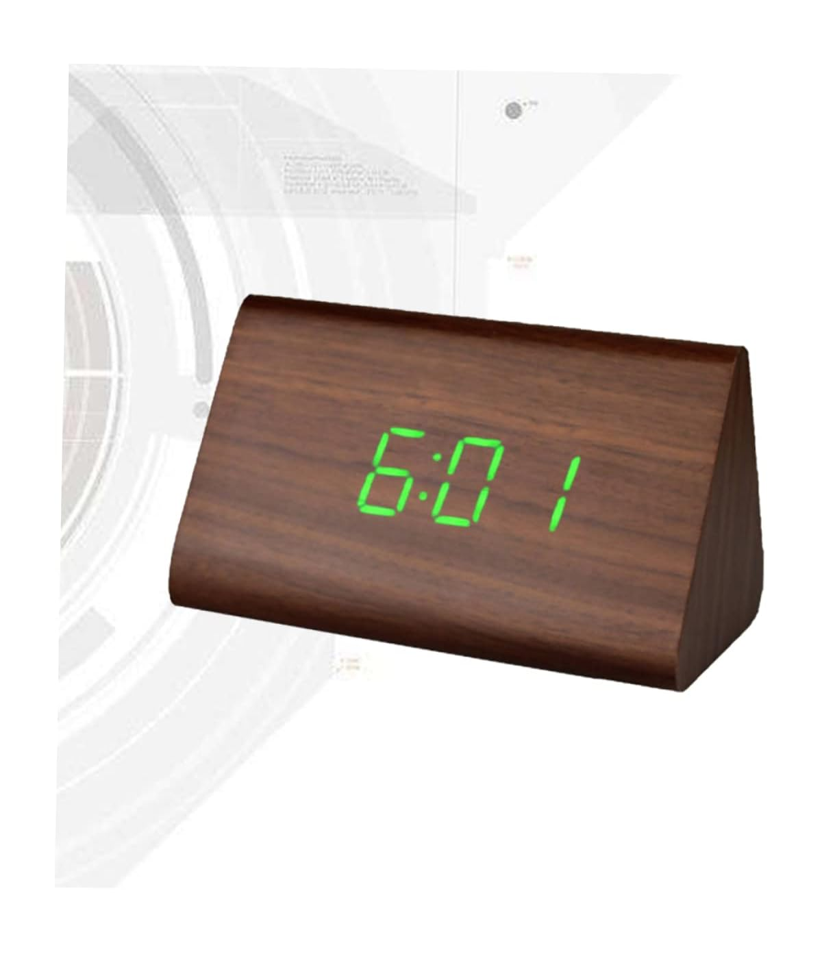 Ein hölzerner Wecker zeigt 6:01 in grünen Ziffern an.