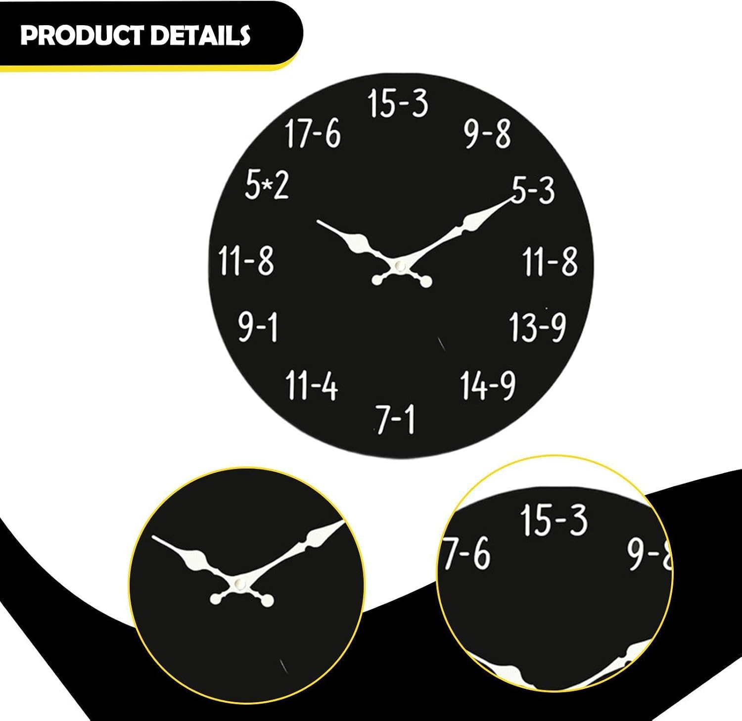 Eine schwarze Uhr mit weißen Zahlen, die mathematische Aufgaben darstellen.