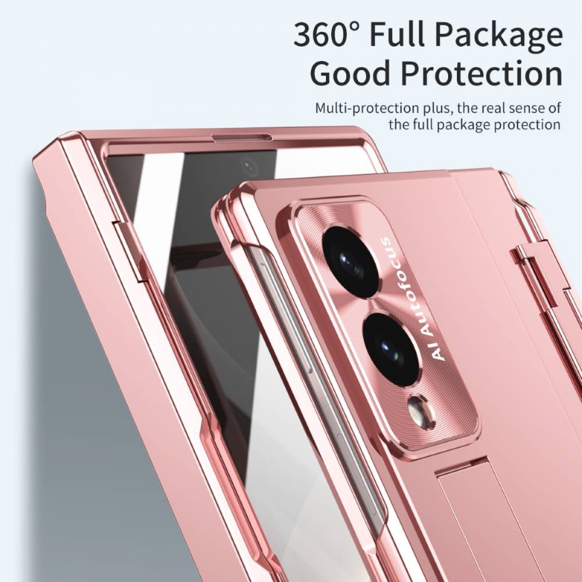 Eine roségoldene Handyhülle mit Kameraobjektiven und dem Text 
