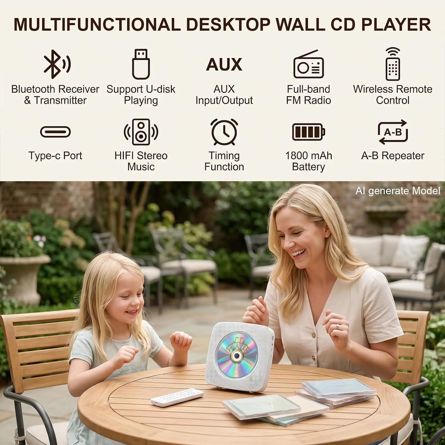 Frau und Kind an einem Tisch mit CD-Player. Merkmale: Bluetooth, USB, AUX, UKW-Radio, Fernbedienung.