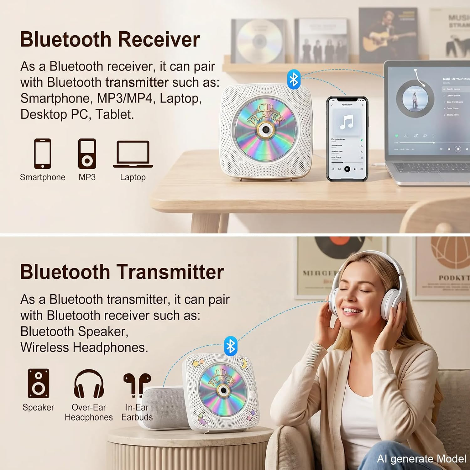 CD-Player mit Smartphone, Laptop und Kopfhörern verbunden.