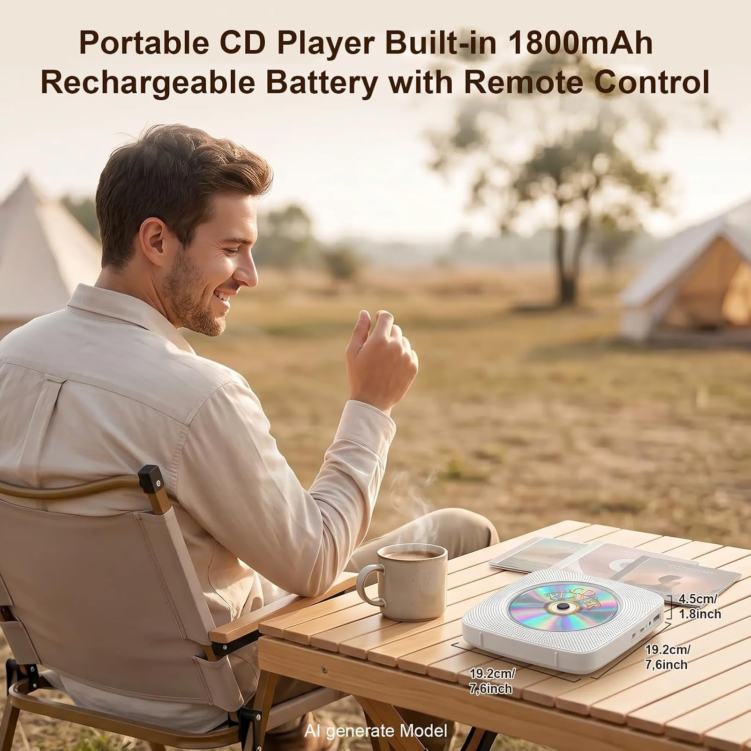 Mann im Freien mit tragbarem CD-Player, Kaffeetasse und Zelten im Hintergrund.
